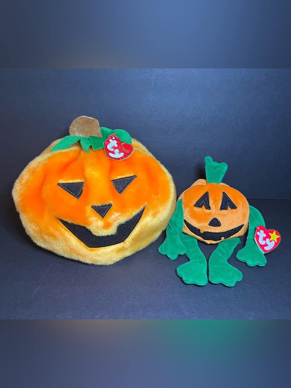 Vintage TY Beanie Halloween 2004 Gourdin & 1998 Pumkin Jack-O-Lantern Pumpkins